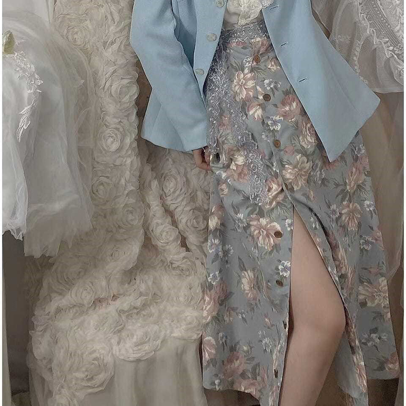 Jupe Femme Vintage Florale Y2K Taille Haute Élégante Boutonnée Décontractée Fendue Sexy Streetwear Été Nouvelle Tendance