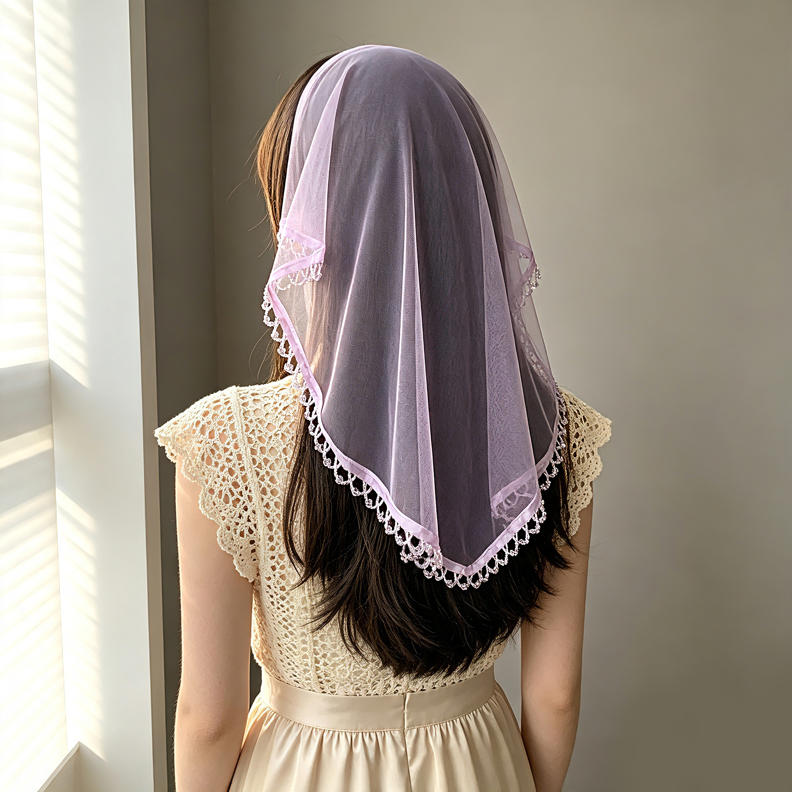 Nouveau serre-tête en voile de tulle violet clair avec bordure ornée de perles de cristal, ornement pour soirée d'enterrement de vie de jeune fille, accessoire capillaire turban d'été SA232