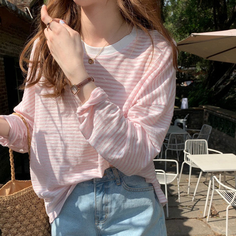 T-shirt à manches longues rayé ample pour femmes, été, fin, respirant, T-shirt surdimensionné, style streetwear, haut décontracté, T-shirt polyvalent
