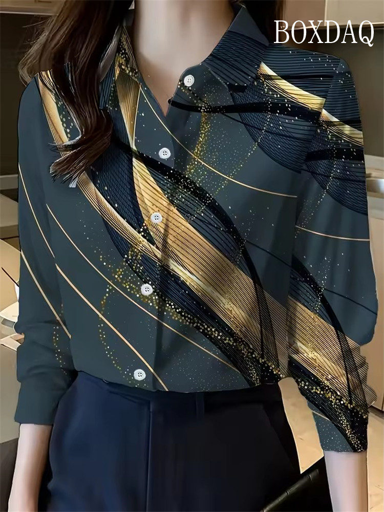 Femmes chemise 2025 automne vêtements femmes Blouses Vintage bureau dame à manches longues Blouse boutonné revers chemises OL imprimer femmes hauts