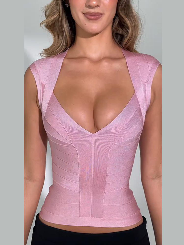 Nouveau haut pour femme, style bandage, décolleté en V profond, ajusté à la taille, coupe moulante, sans manches, extensible, sportif, pour soirée