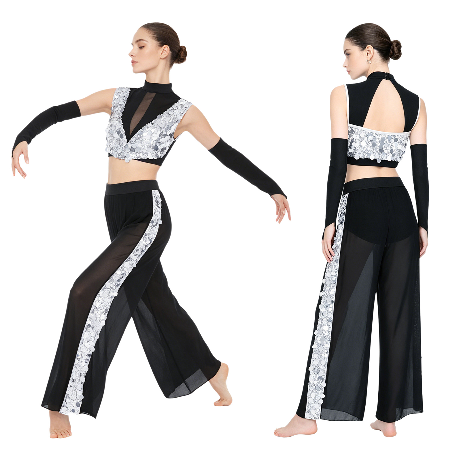 Tenue de danse lyrique pour femmes, haut court sans manches à paillettes avec pantalon en maille et gants, pour ballet, gymnastique, patinage et danse contemporaine