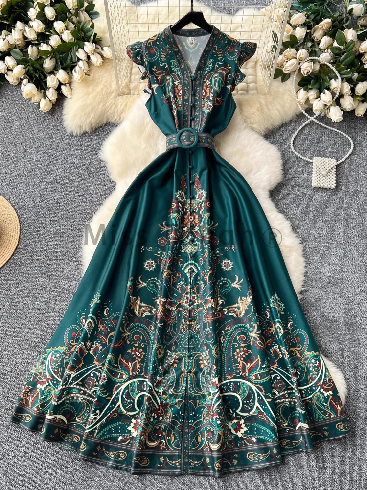 Robe longue bohème à imprimé esthétique pour femmes, vêtements ceinturés à simple boutonnage, mode française, vintage, rétro, nouveau design, été
