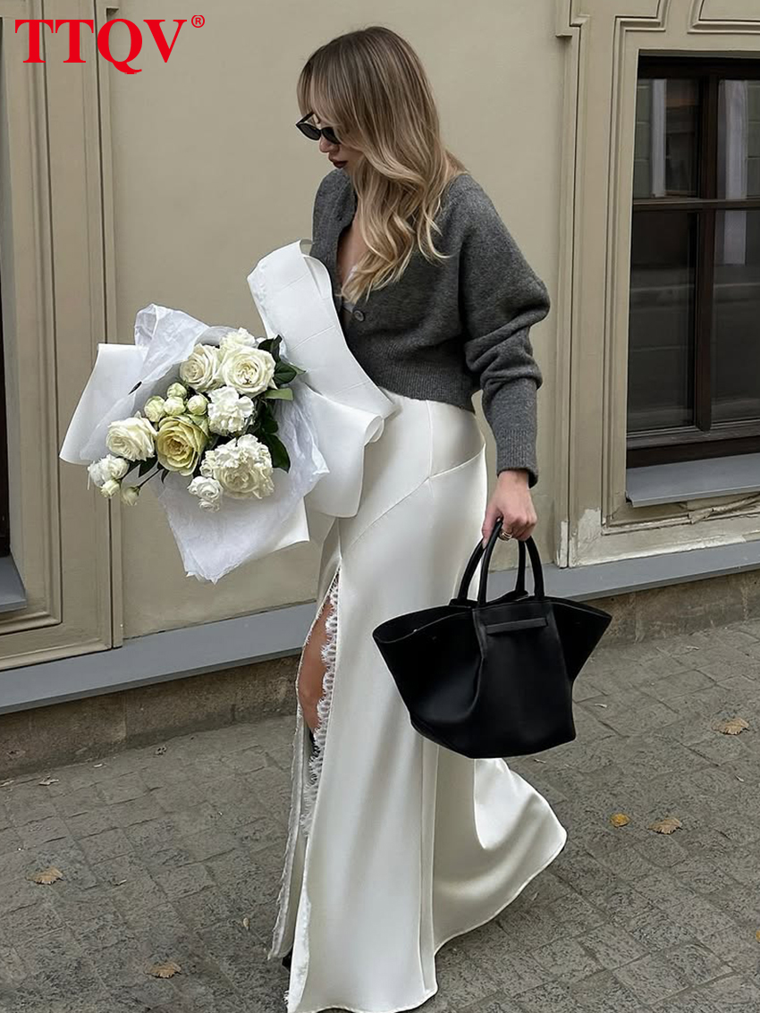 TTQV – jupe longue en Satin blanc pour femmes, ample, Sexy, taille haute, élégante, classique, fendue, vêtements féminins, 2026
