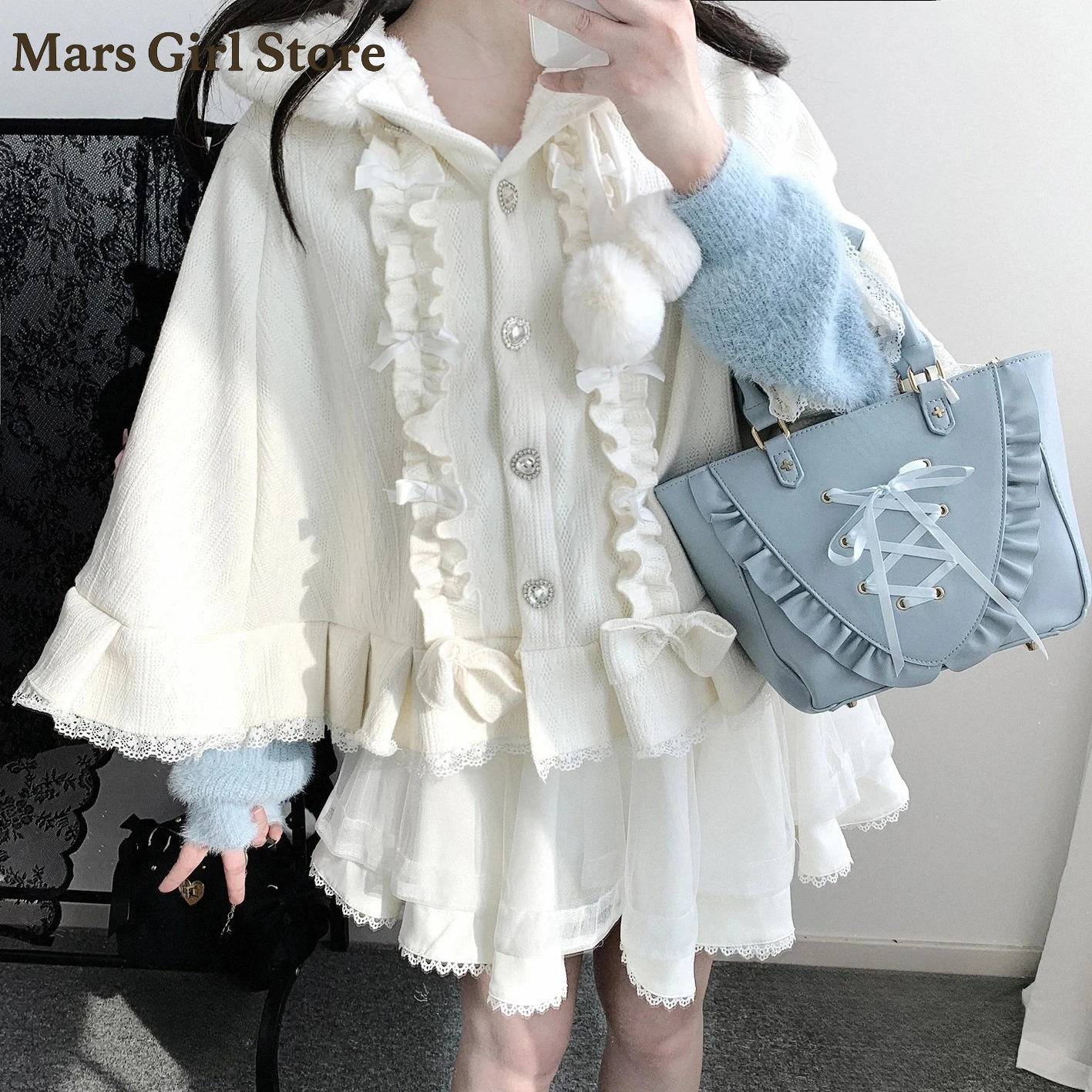 Japonais Lolita doux Kawaii Capes manteau femmes garder au chaud arc volants doux à capuche Ponchos Viange vêtements d'extérieur automne hiver vêtements
