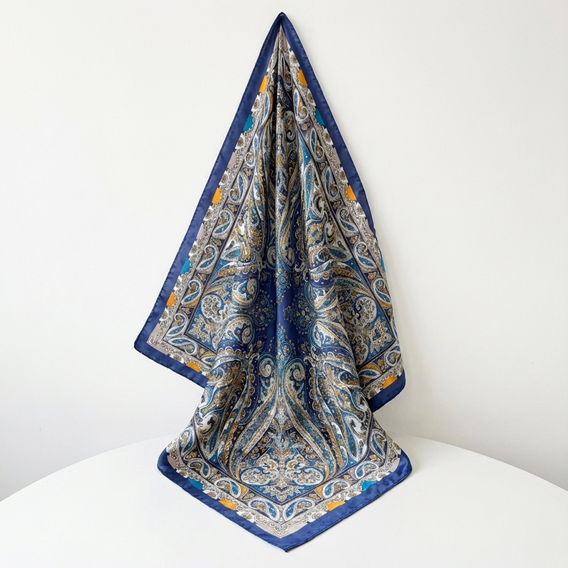 Foulard carré de luxe en satin pour femme, hijab musulman, élégant imprimé cachemire, en soie, utilisable comme écharpe, châle, ruban pour poignée de sac et bandeau pour cheveux