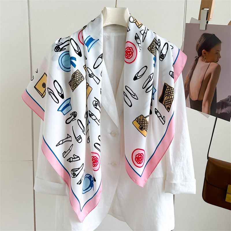 Foulard carré 90x90cm de protection solaire pour femme, en soie imprimée, bandana, châle de plage de luxe, élégant, pour voyage, hijab, bandeau