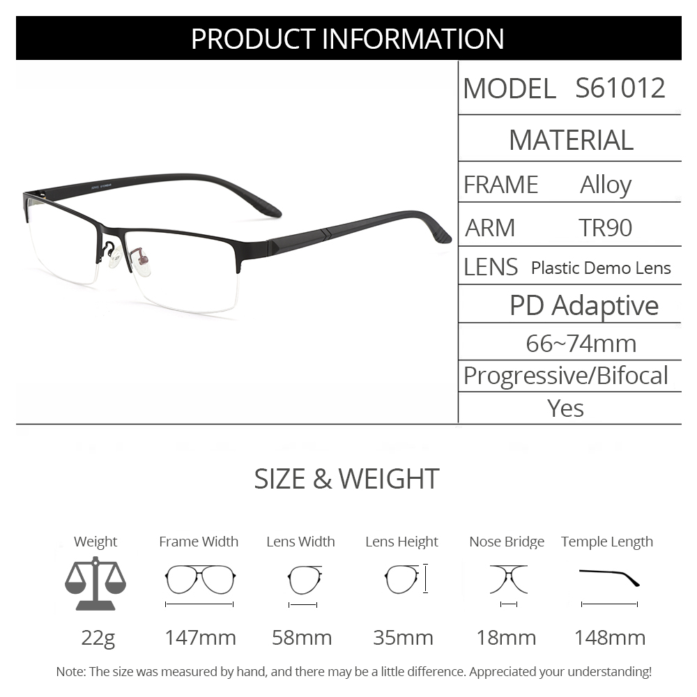 Hommes d'affaires Semi sans cadre en alliage de titane montures de lunettes grand visage adapté S61012 lunettes classiques pour hommes cadre optique