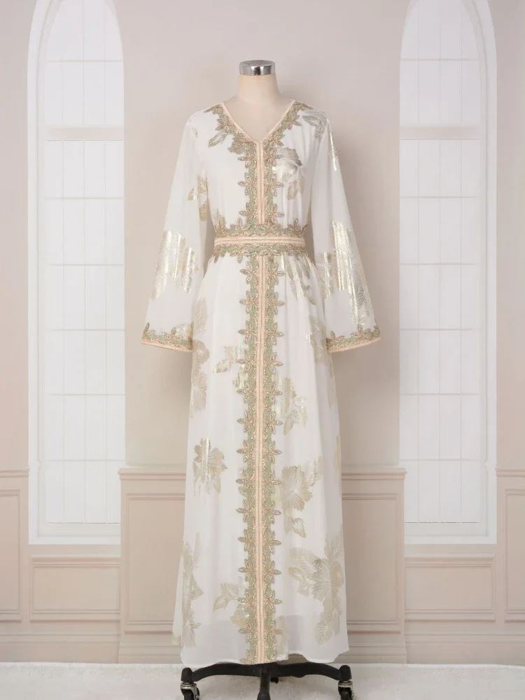 Robe de soirée pour femmes musulmanes, caftan turc, Abaya Jalabiya, robes de Ramadan, caftan marocain, col en V, ceinture brodée, robe éducative, Eid