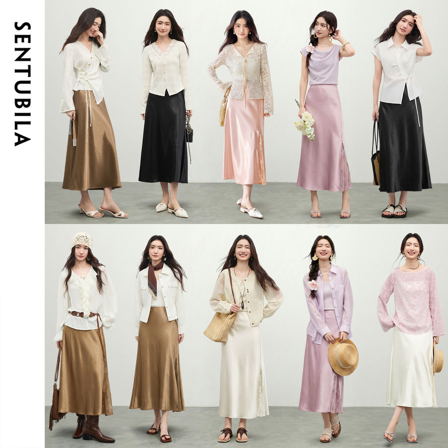 Jupe longue brillante SENTUBILA pour femme, collection Printemps-Été 2026, élégante jupe sirène en dentelle épissée pour femme, vêtements féminins 161QH4621