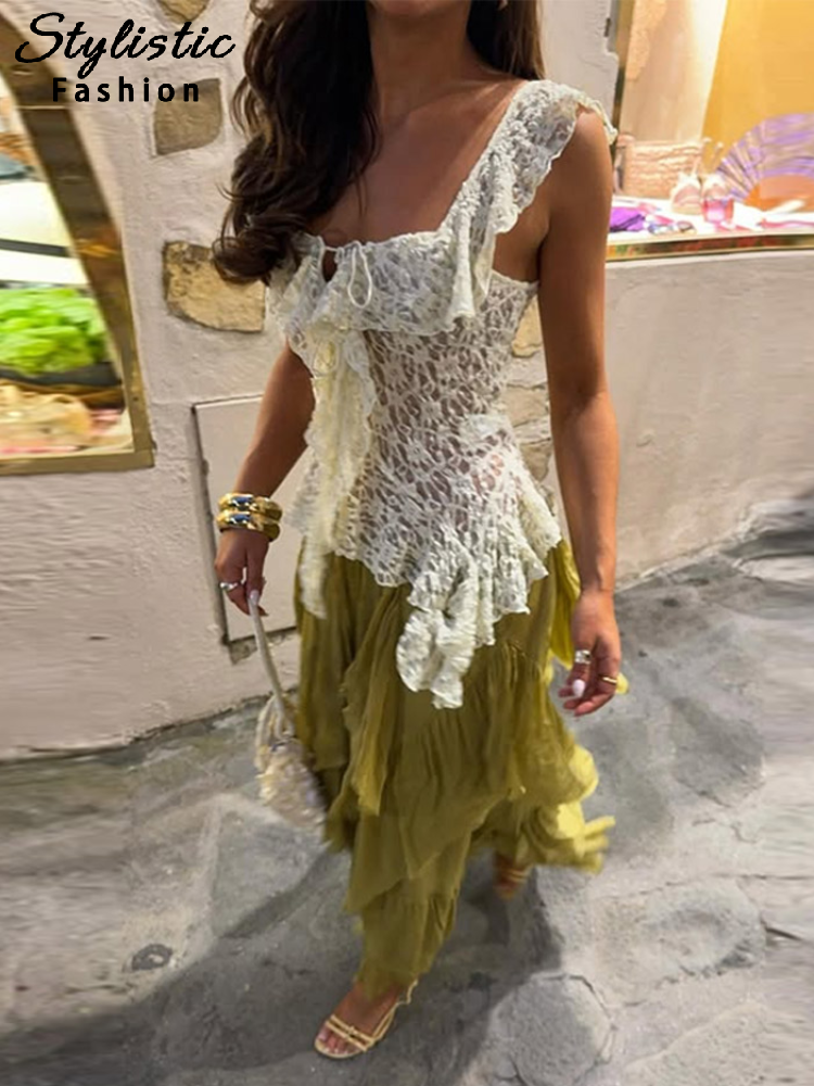 Ensemble jupe à volants élégante pour femmes, Sexy, dentelle, sans manches, hauts transparents, ligne A, jupes en cascade, tenues de printemps et d'été pour dames, 2026