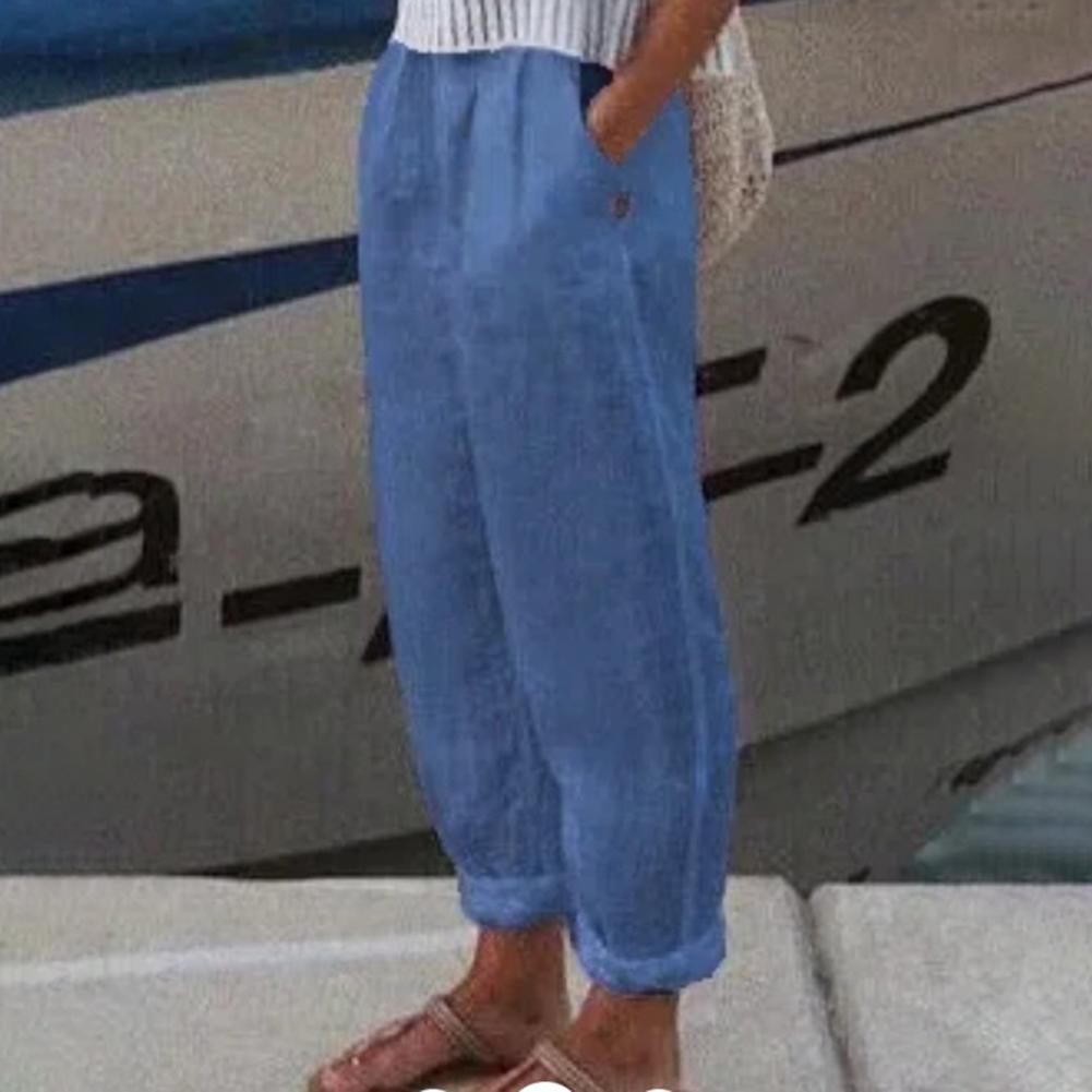 Coton lin femmes sarouel couleur unie poches été taille élastique Baggy pantalon couleur Pure pantalons de survêtement élégant pantalons décontractés