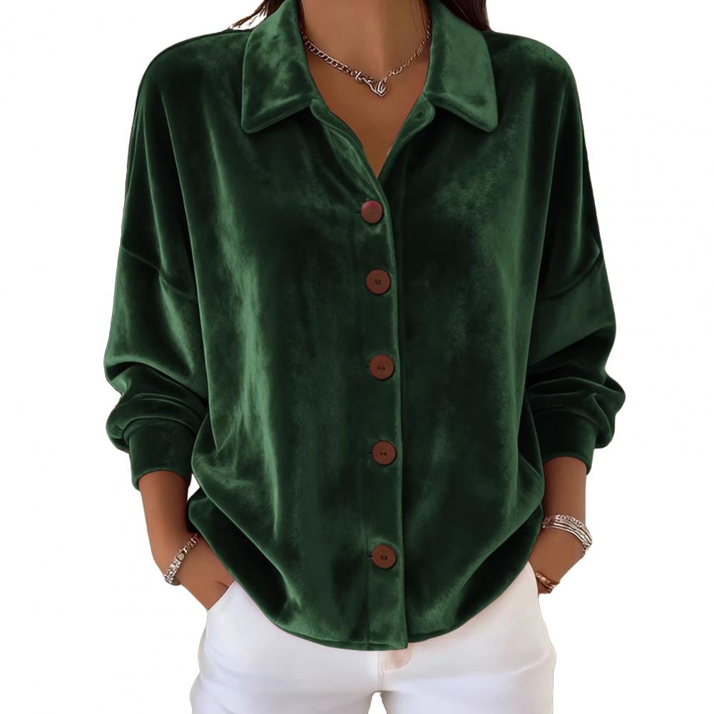Chemise pour femmes, couleur unie, col à revers, manches longues, texture en velours, hauts pour femmes, coupe ample, boutons, patte de boutonnage, hauts de travail