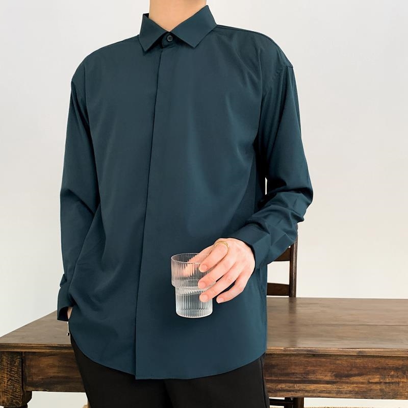 Chemises drapées coréennes pour hommes, revers de document solide, manches longues, glace, boutons décontractés, vêtements pour hommes, nouveau