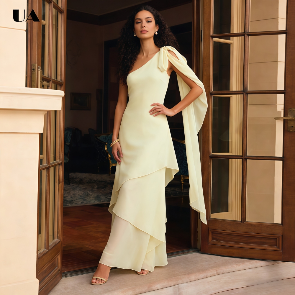 Robe de bal élégante en mousseline ULBYANRY à une épaule avec nœud drapé, robe de soirée asymétrique unie à couches, robe de soirée personnalisée