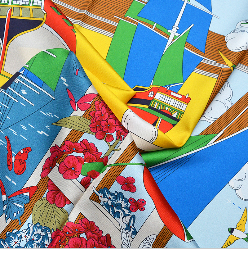 Écharpe en soie rafraîchissante aux couleurs estivales assorties 90 * 90, en twill de soie, procédé de peinture par pulvérisation, bord frisé à la main "M90F276-2"