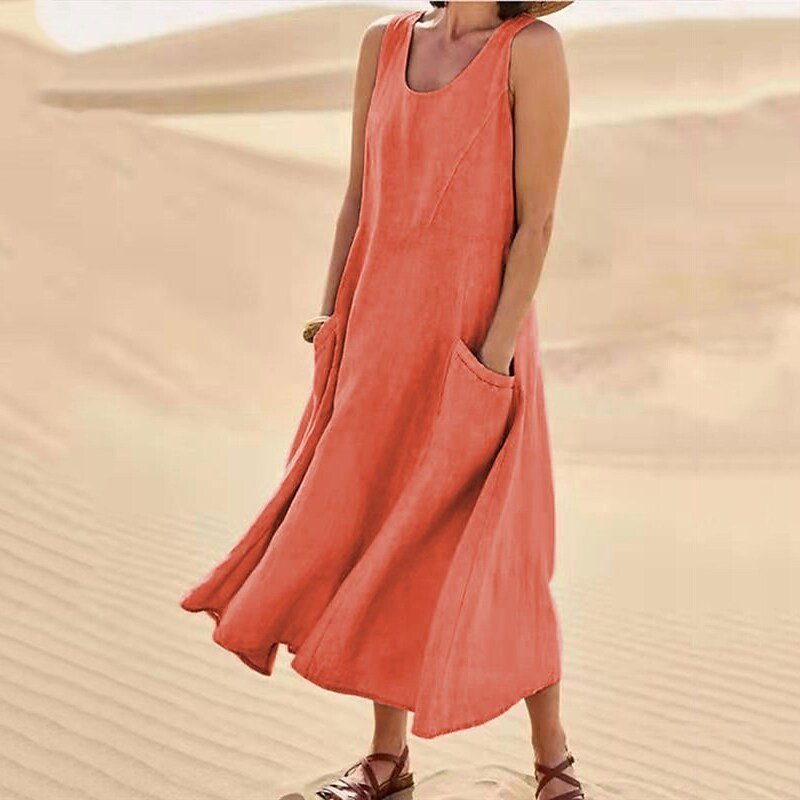 Robe de plage en coton et lin pour femme, 12 couleurs, poche en fibre, col rond, mode simple, jupe mi-longue pour femme