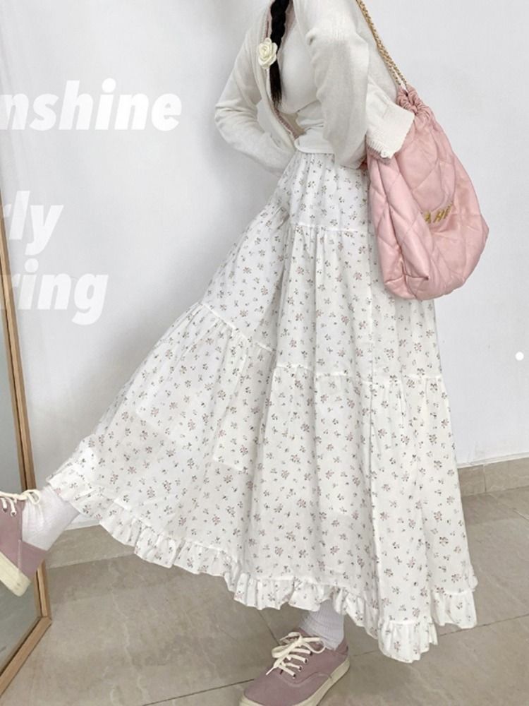 Jupe trapèze florale pour femme, longueur mi-mollet, taille haute, streetwear coréen, jupe Harajuku Y2K, été 2024