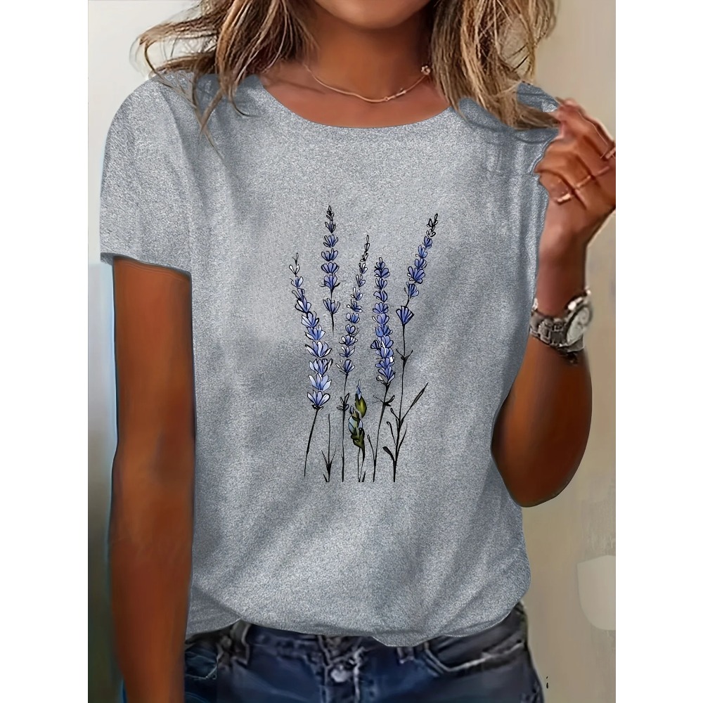 T-shirt décontracté pour femmes à imprimé floral lavande, style coréen, col rond, manches courtes, chemisier lavande, motif floral abstrait