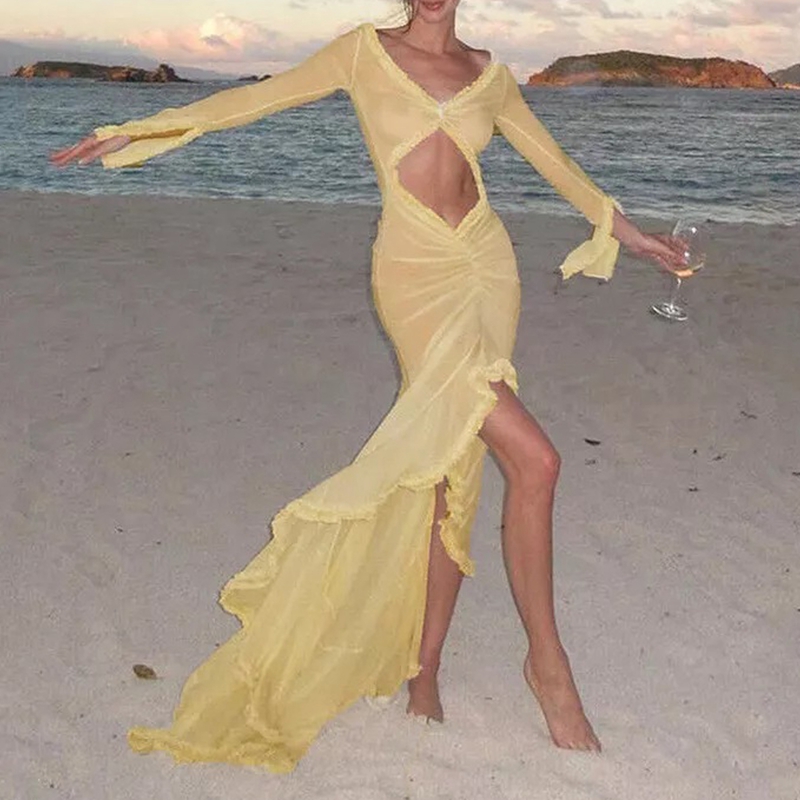 Robe de plage en maille transparente pour femmes, volants en dentelle, batterie froncée, maxi, élégante, creuse, col en V, fendue, manches longues