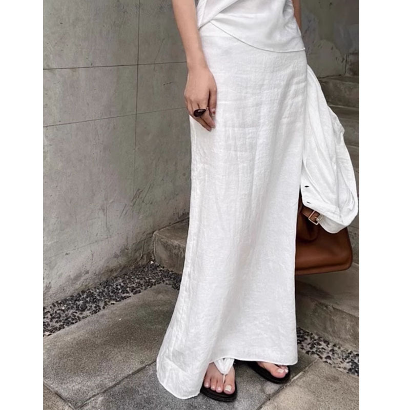 Jupe longue élégante en coton blanc uni pour femme, fendue, taille haute, coupe droite, longueur cheville, idéale pour le bureau