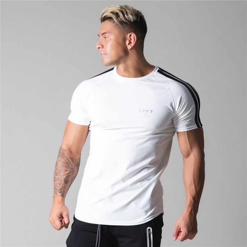 Côté rayé GYM course hommes T-Shirt à manches courtes sport T-Shirts musculation Fitness hommes entraînement coton T-Shirt hommes chemise