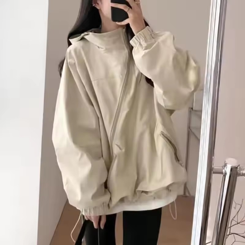 Mode femmes vestes à capuche diagonale fermeture éclair conception Vintage automne Baggy BF loisirs de plein air tout-match Chaqueta Mujer
