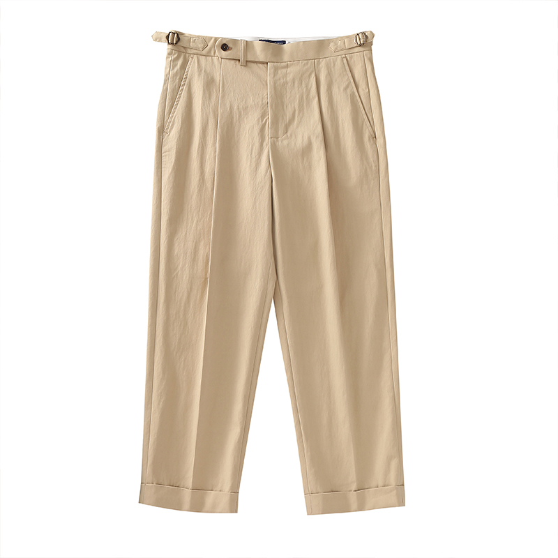 Pantalon décontracté pour homme en tissu mélangé, coupe droite décontractée, couleur kaki clair, avec bouton parisien, en coton.