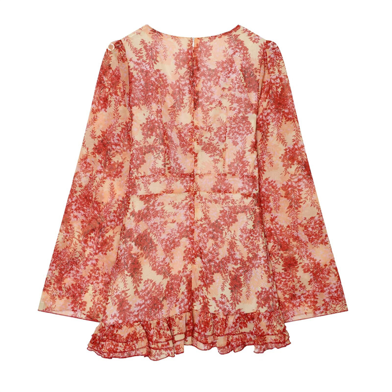 Nouvelle Arrivée 2026 – Robe Courte Bohème Femme Imprimé Floral Rouge et Jaune Coucher de Soleil, Sexy, Décolleté Plongeant en V, Taille Nouée, Manches Cloche Évasées Longues