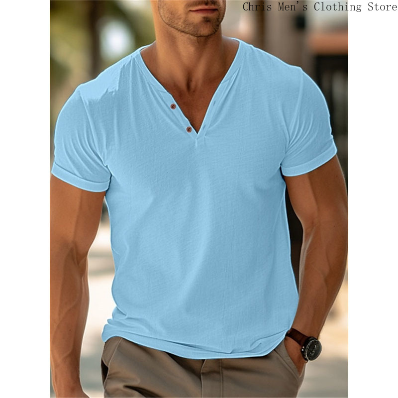 T-shirt à col en V pour hommes, pull décontracté, haut de sport, fitness doux, simple, solide, document, vacances à la plage, mode estivale