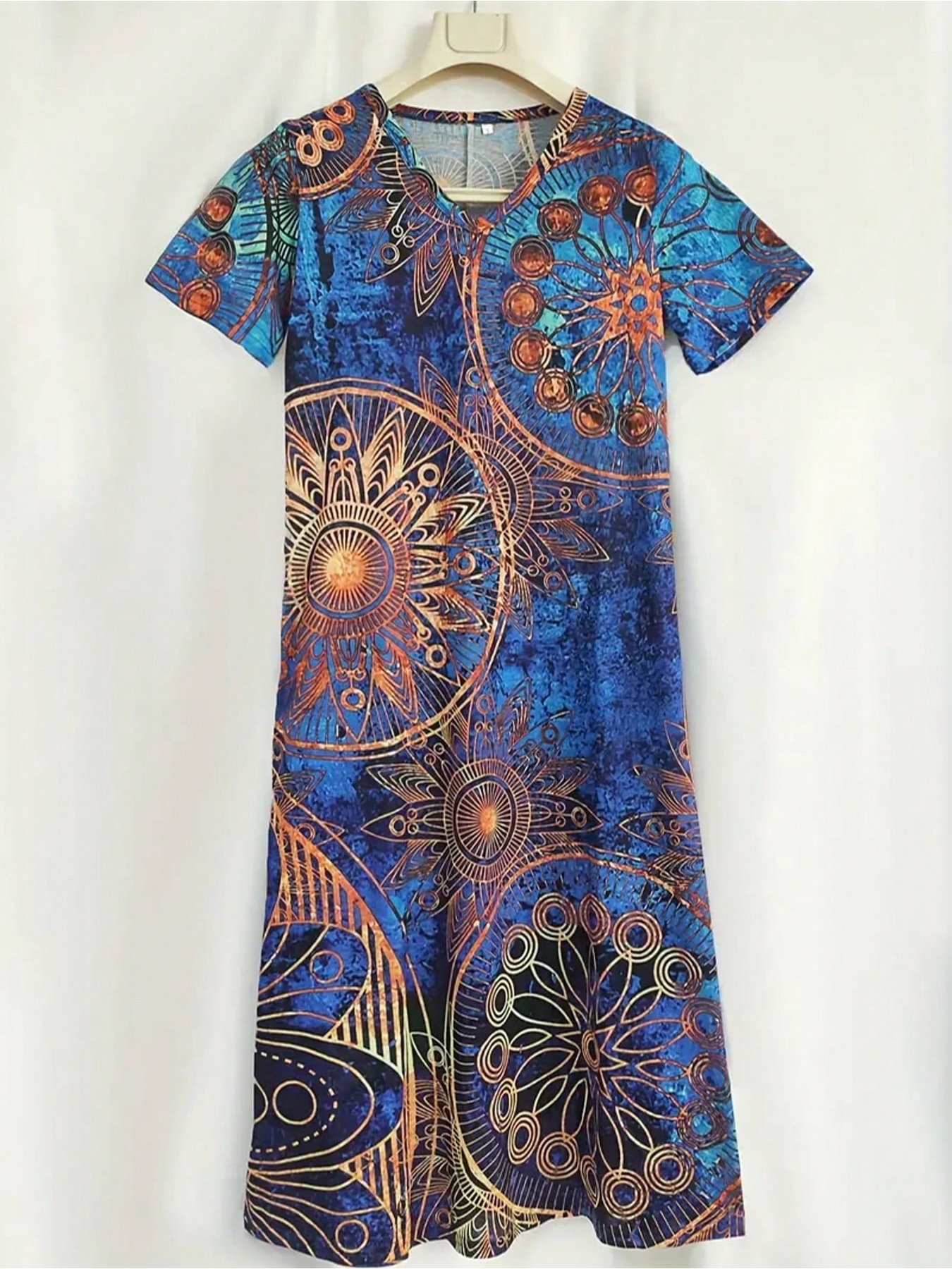Robe longue bohème d'été décontractée et élégante à imprimé large, col en V fendu, manches courtes