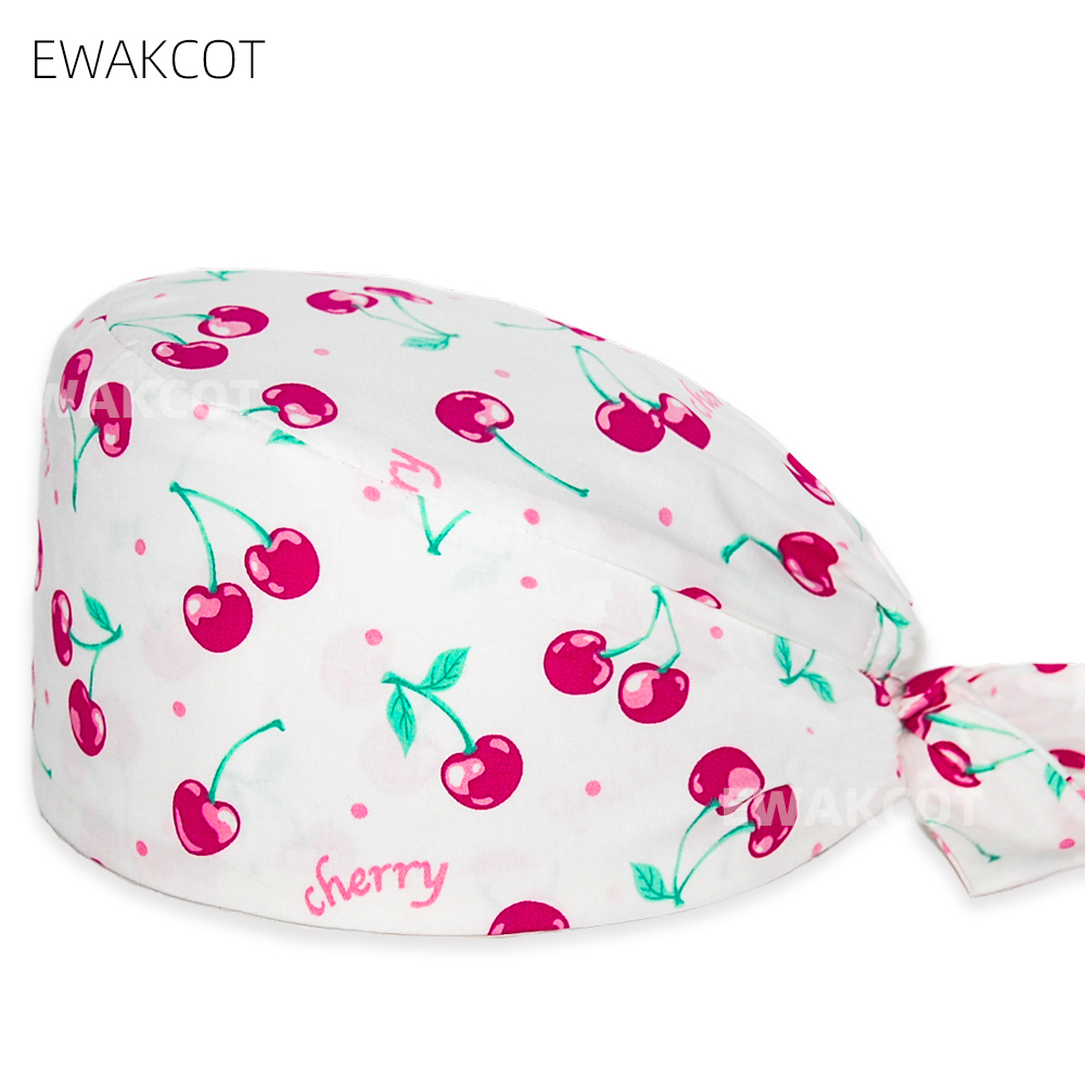 Casquette chirurgicale imprimée cerise pour femmes, en coton, pour femmes et hommes, infirmière, médecin, soins infirmiers, chapeau de chirurgie, salon de beauté, spa, Chef, casquettes de travail dentaire