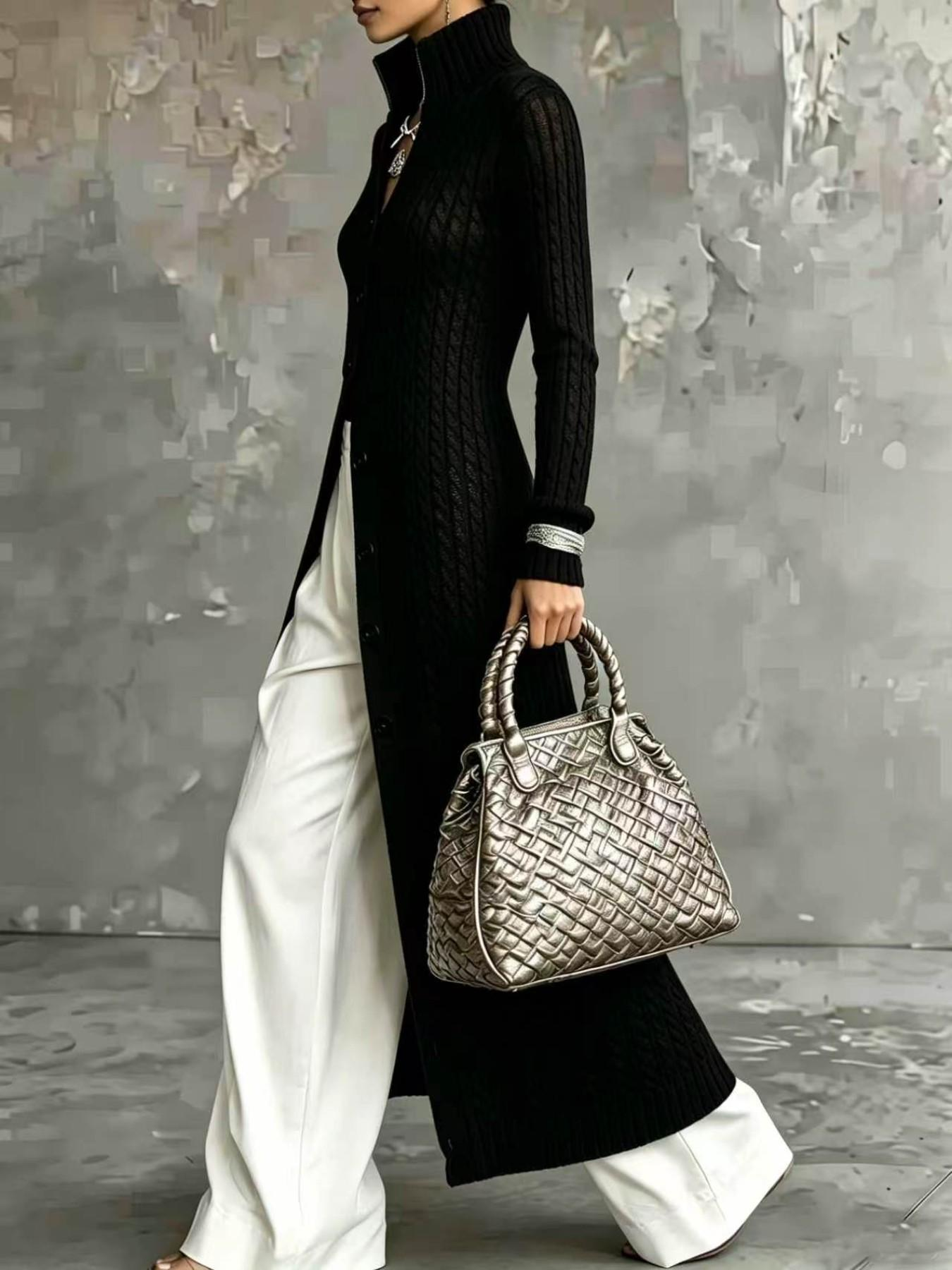 Cardigan long noir en tricot pour femme, automne-hiver 2026, col haut, ouvert sur le devant, pull ample en maille torsadée, manteau décontracté.