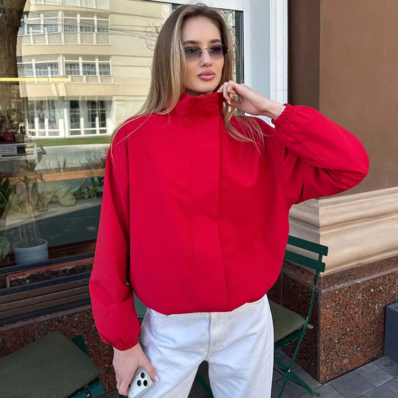 Veste Femme 2026 Nouvelle Collection – Veste Sport Décontractée Chic à Col Montant et Fermeture Éclair, Coupe Ample, Manches Longues, Rouge Oversize pour Femme