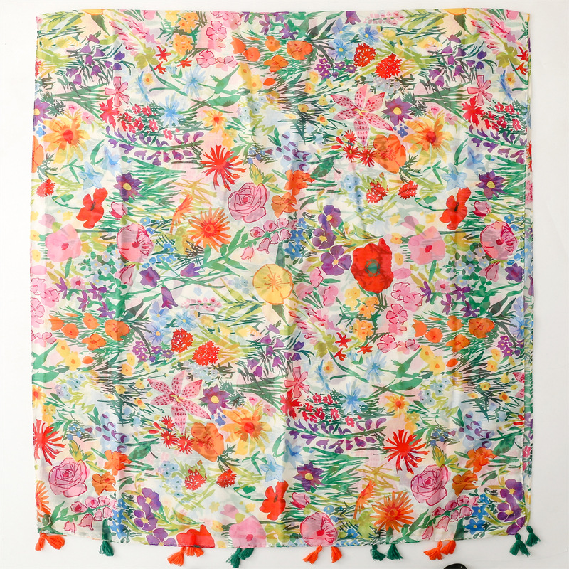Écharpe imprimée plante tropicale, châle fin et respirant de style élégant avec glands, serviette de plage coupe-vent de protection solaire d'été pour femmes