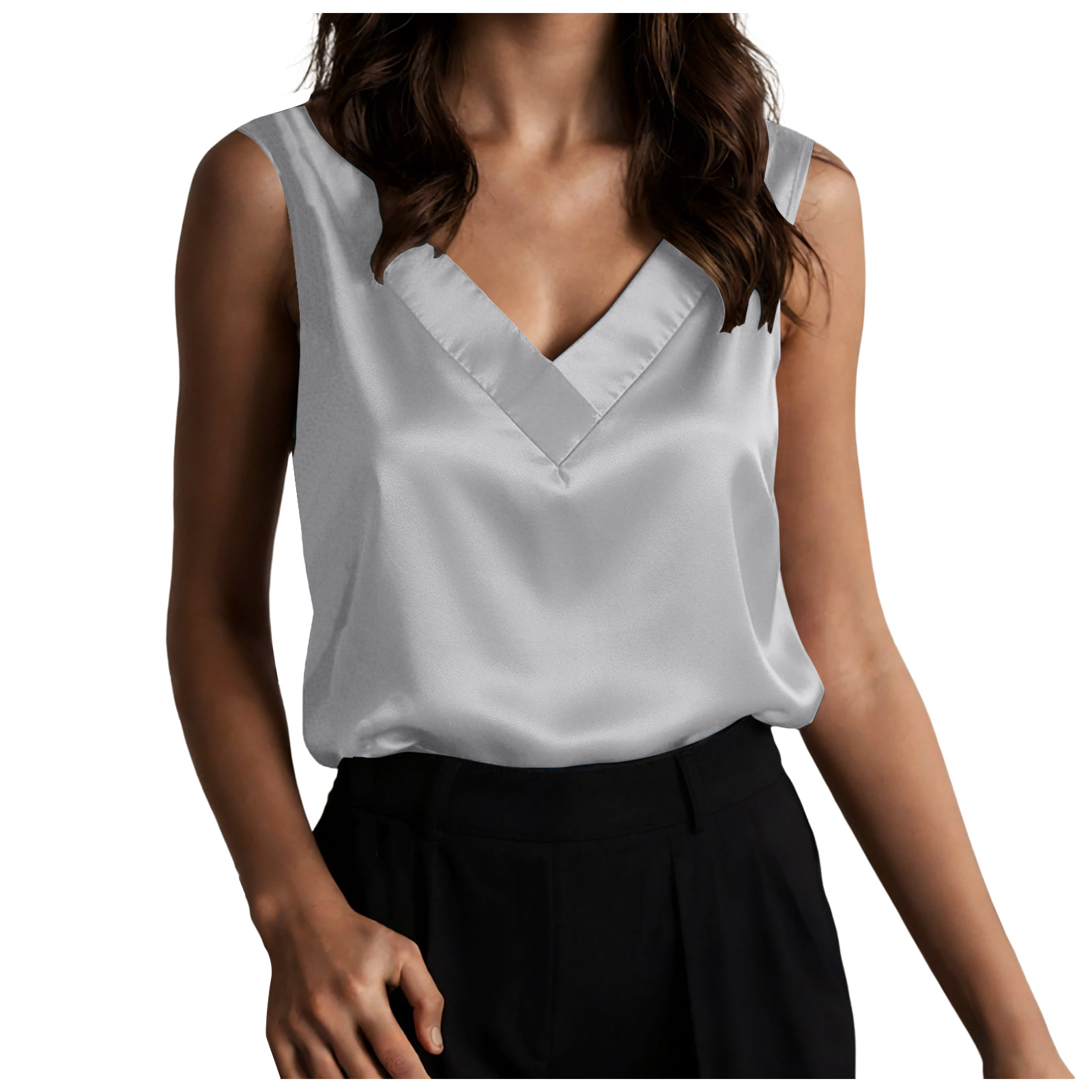 Chemisiers en satin de soie pour femmes, débardeurs décontractés à col en V, chemisiers sans manches pour le travail, chemisiers habillés d'été, tailles 2XL pour femmes