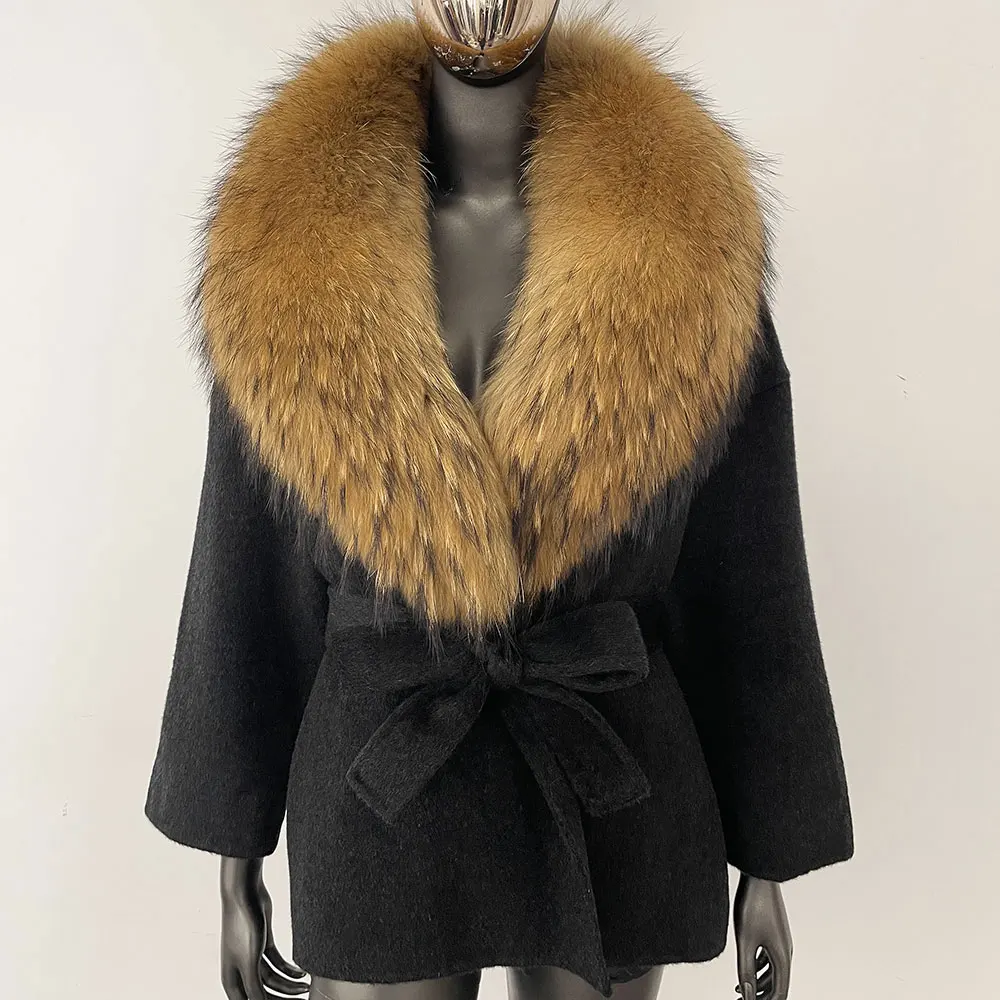 OFT-Manteau en Vraie Fourrure de Raton Laveur et de Renard pour Femme, Veste en Laine Mélangée avec Poche à Ceinture, Streetwear Décontracté, Hiver 2024