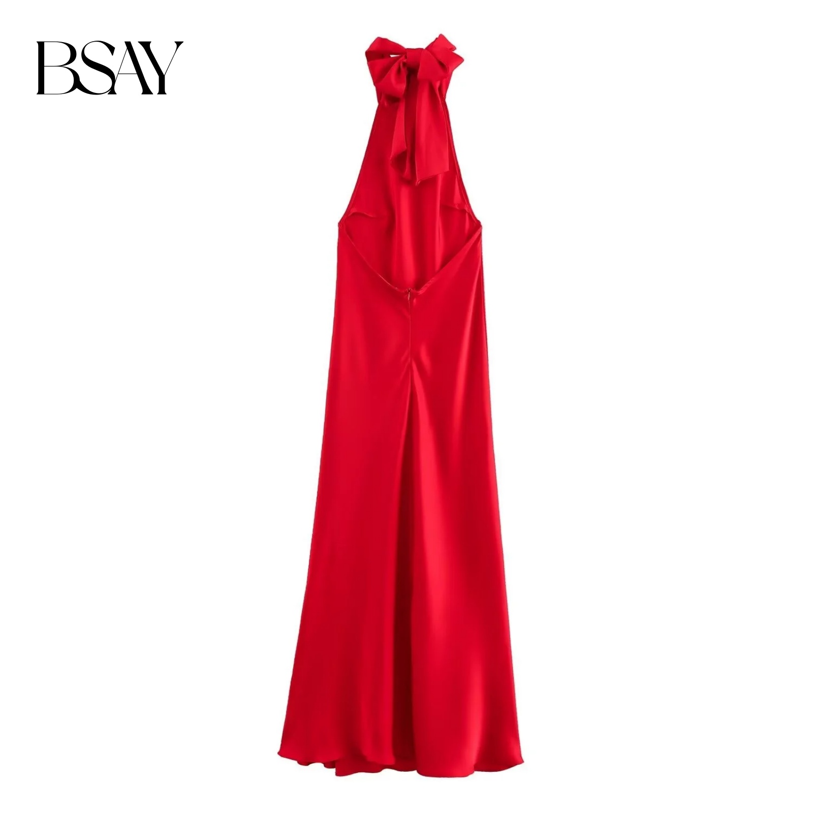 BSAY – robe mi-longue pour femmes, mode automne 2023, nouveau nœud, Sexy, dos nu, français, élégant, col licou, Texture Satin, robes mi-longues