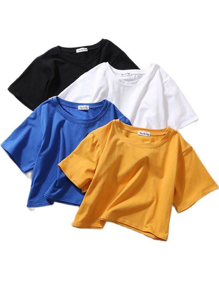 Été à manches courtes t-shirts femmes solide T-shirt col rond taille haute haut court T-shirt femme décontracté ample T-shirt