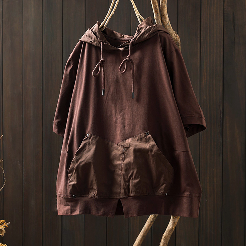 Chemisier à Capuche et Manches Courtes pour Femme, Pull en Coton Solide, Grande Taille, Été