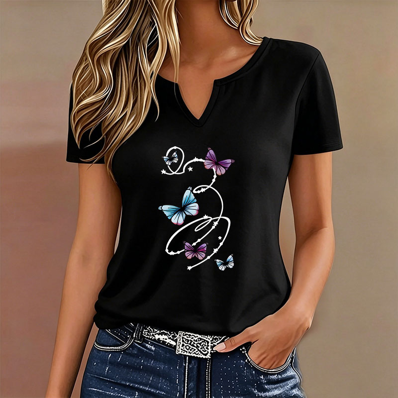 T-shirt graphique coloré à col en V pour femme, décontracté et tendance, à manches courtes, pour l'été et le printemps