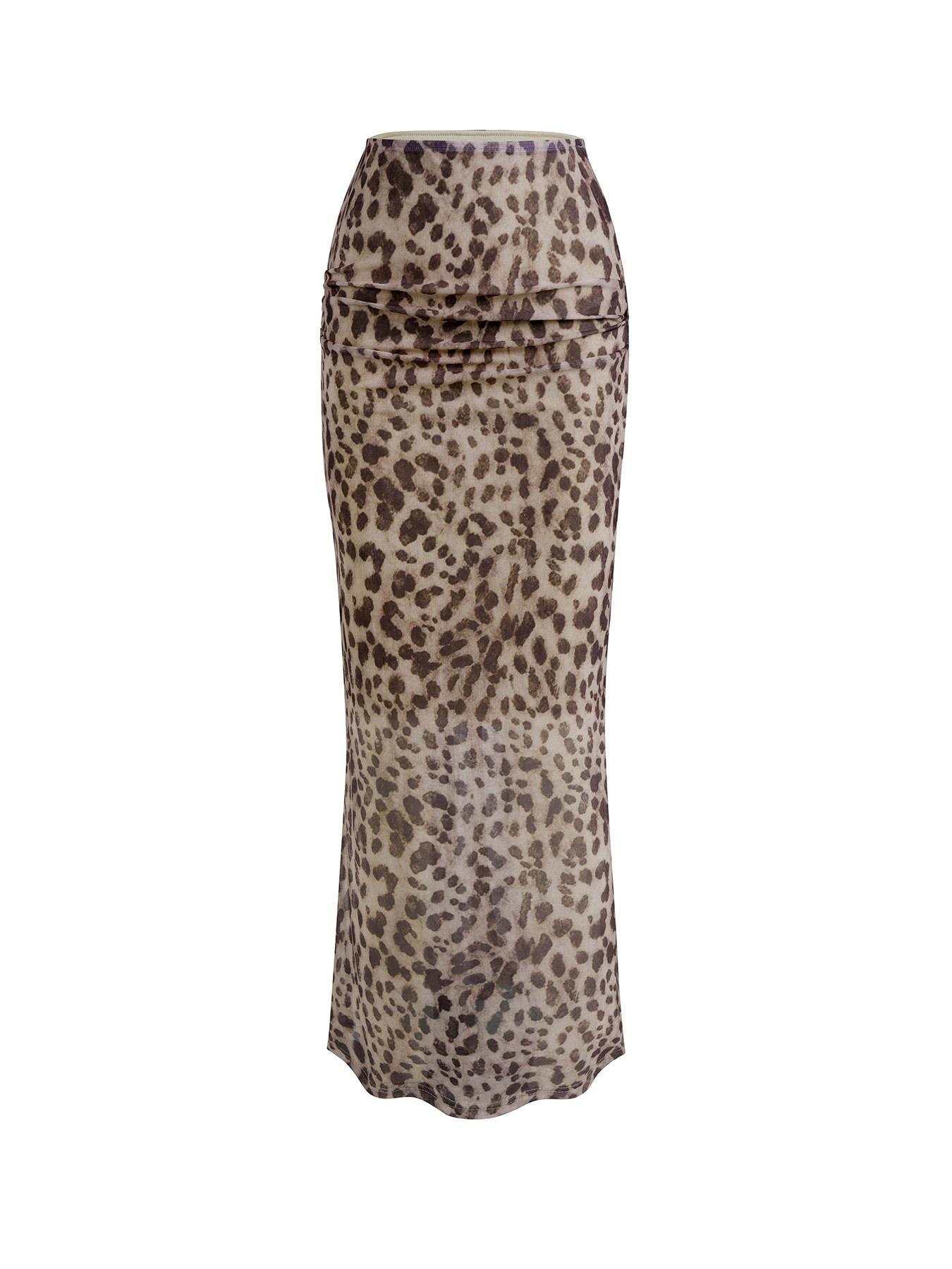 Jupe longue en maille imprimé léopard taille haute pour femme, coupe ajustée en H, design fendu, bas de tenue polyvalent et tendance