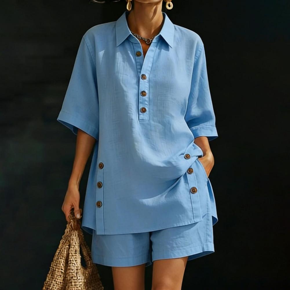 Ensemble en coton et lin pour femmes, chemise à manches courtes boutonnée et short large, tenue 2 pièces, été, décontracté, plage, ensemble de détente