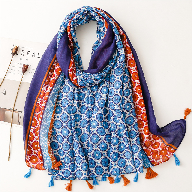 Écharpe Fine et Douce 100% Viscose pour Femme, Châle à Pompon Floral, Patchwork Aztèque, Hijab Musulman Féminin, Mode 2023