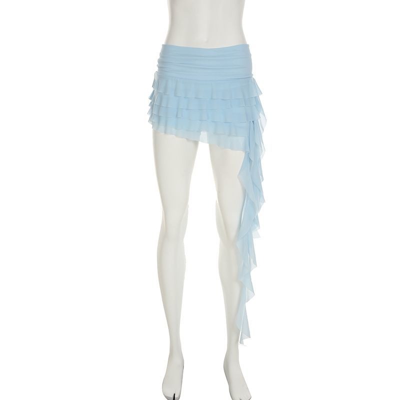 Mini jupe taille haute en maille pour femmes, ourlet fluide, jupes Y2K, élastique irrégulière, été coréen, multicouche, garniture à volants, Lingerie