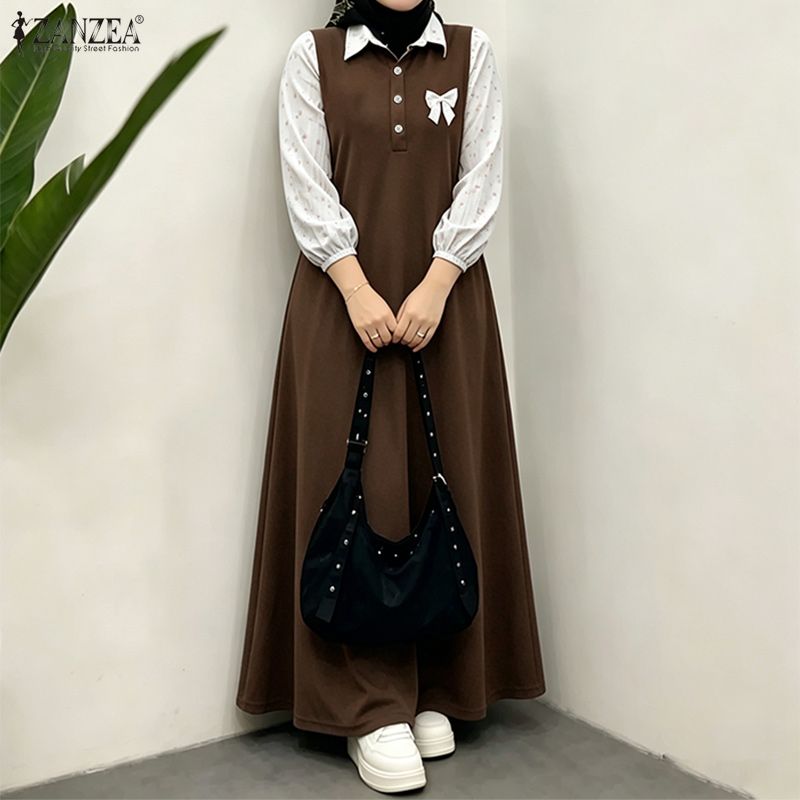 Robe longue modeste pour femmes musulmanes, col à demi-boutons, manches bouffantes, patchwork, robe longue ZANZEA, abaya islamique, robes femme
