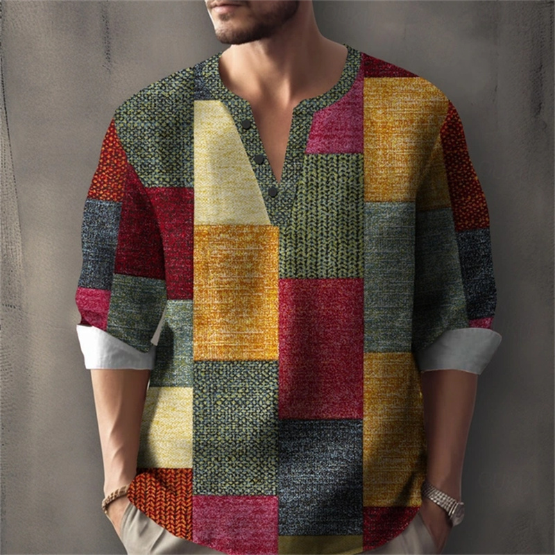Chemise à manches longues pour homme pour les vacances d'été, avec un imprimé géométrique bicolore et un col Henley ; Chemise élégante pour homme.