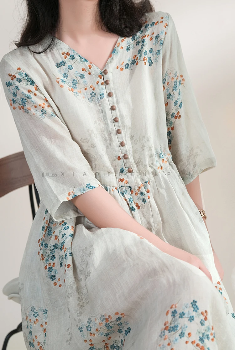 Robe d'été longue imprimée pour femmes, vêtements élégants, Vintage, taille élastique, Style plage coréen, col en v, à la mode, 2025