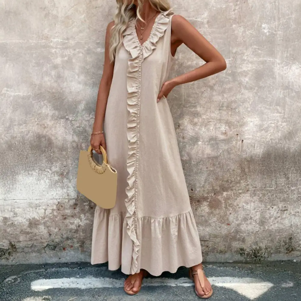 Robe longue en coton et lin pour femmes, à volants, décontractée, sans manches, col en v, tunique, débardeur, plage, balançoire, été