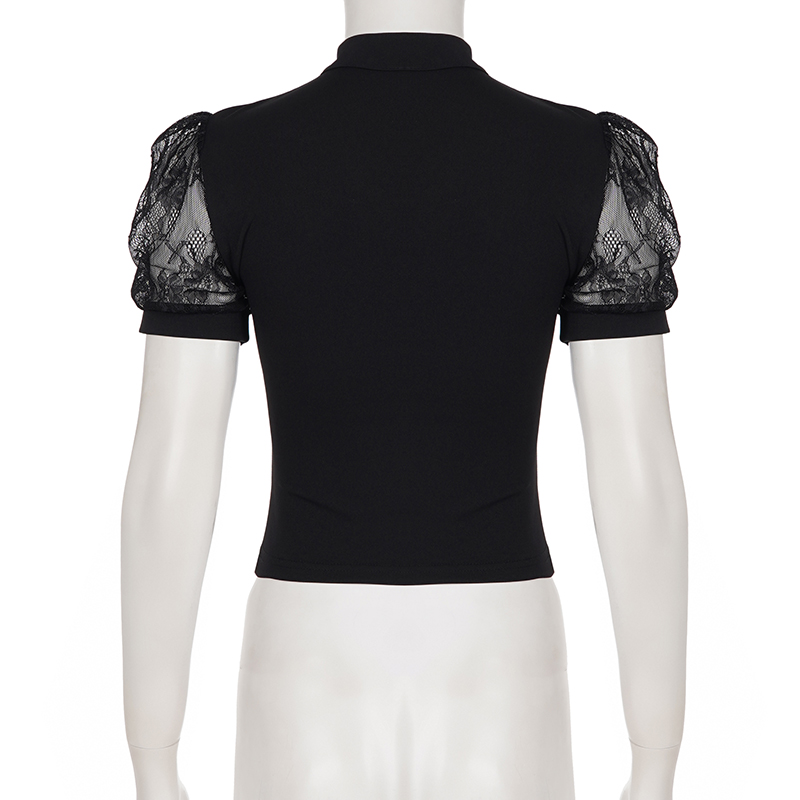 T-shirts à col montant ajourés style urbain, manches bouffantes en dentelle, patchwork, coupe ajustée, avec boucle, hauts courts pour femmes